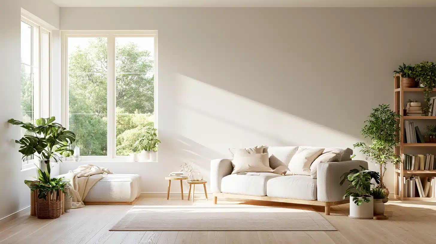 A living room with a large window framed by simple flat white casing, featuring straight boards with no decorative profile.