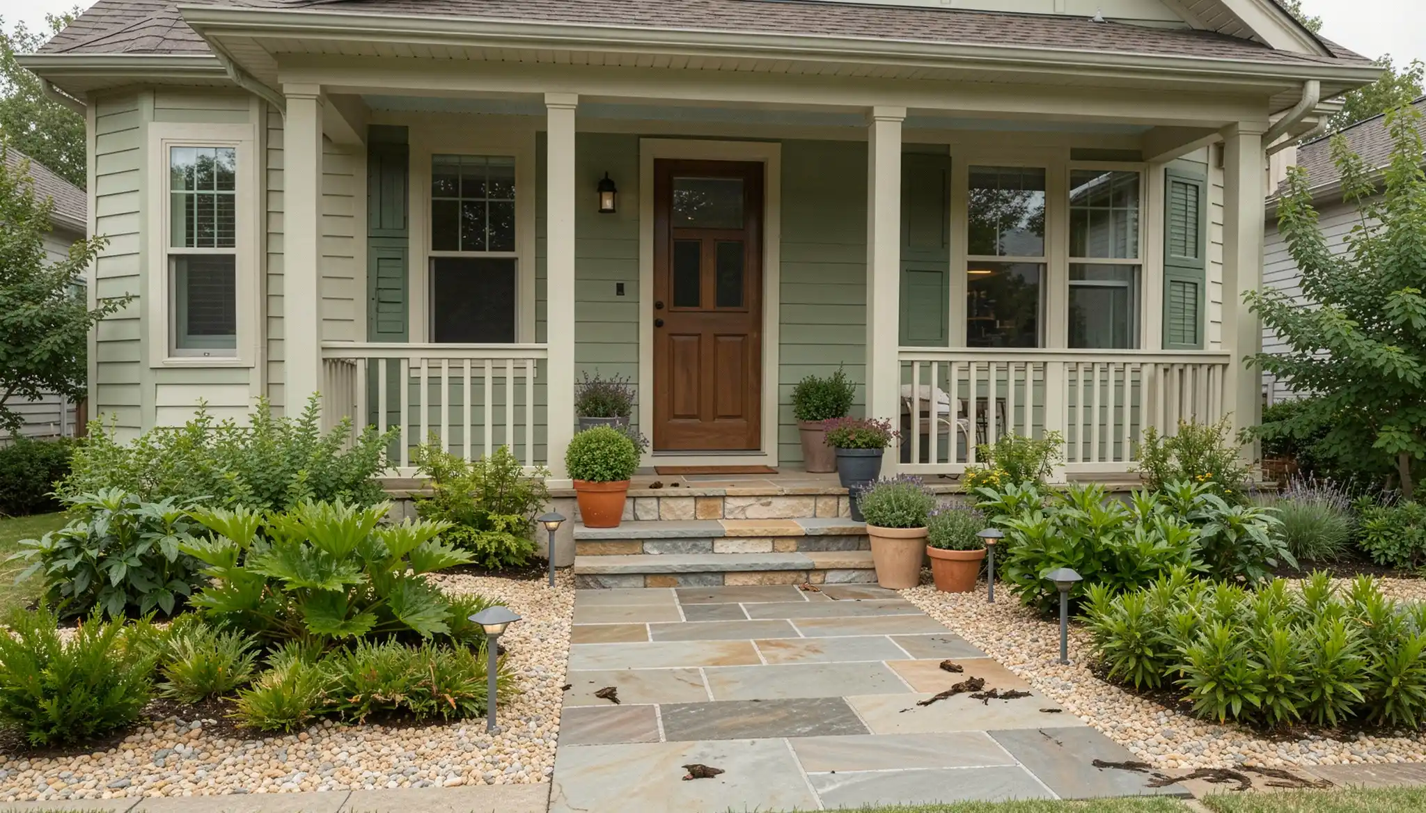 Front porch landscaping showcasing stone walkway and lush landscaping