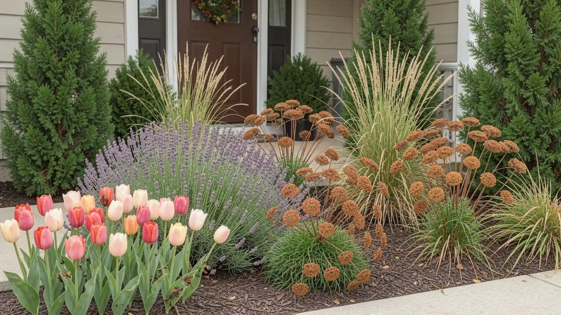 Front porch landscape with tulips, lavender, ornamental grasses, and dried flowers