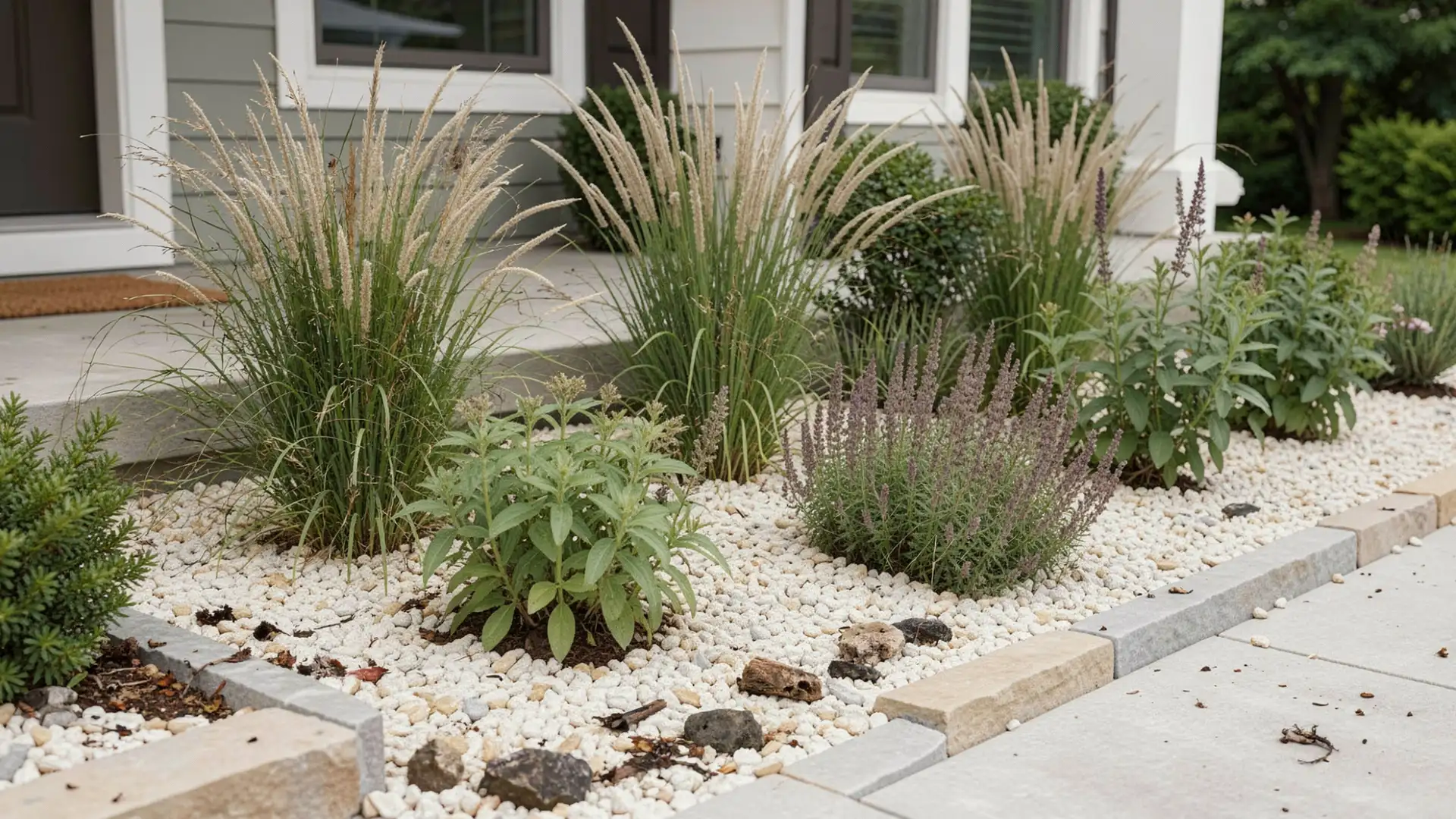 Ornamental grasses and purple flowers border a front porch landscape with white decorative stones in front of a house