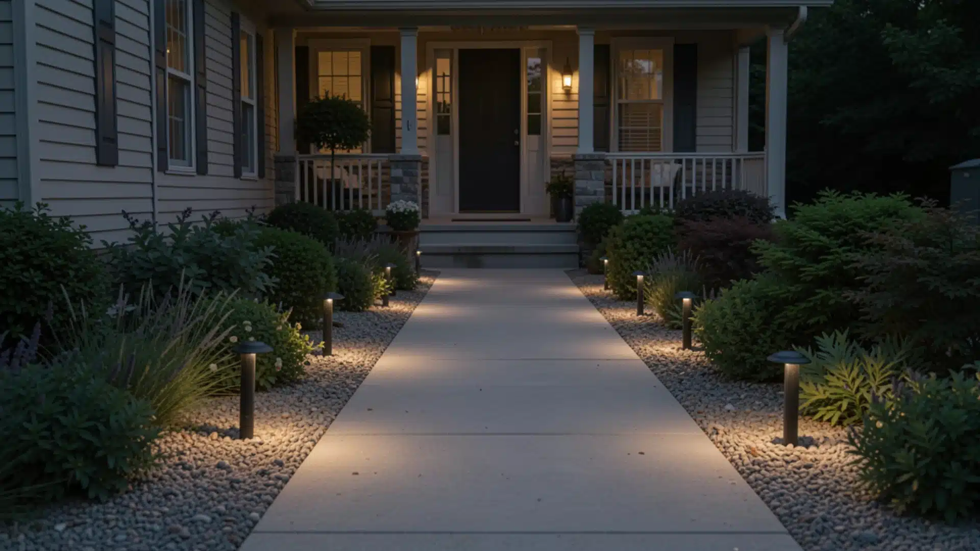 A well lit walkway leads to the front porch of a house at dusk