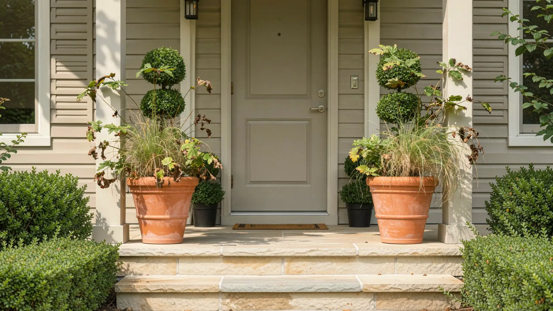 Two large terracotta pots with topiaries flank a light gray front door on a front porch with manicured bushes