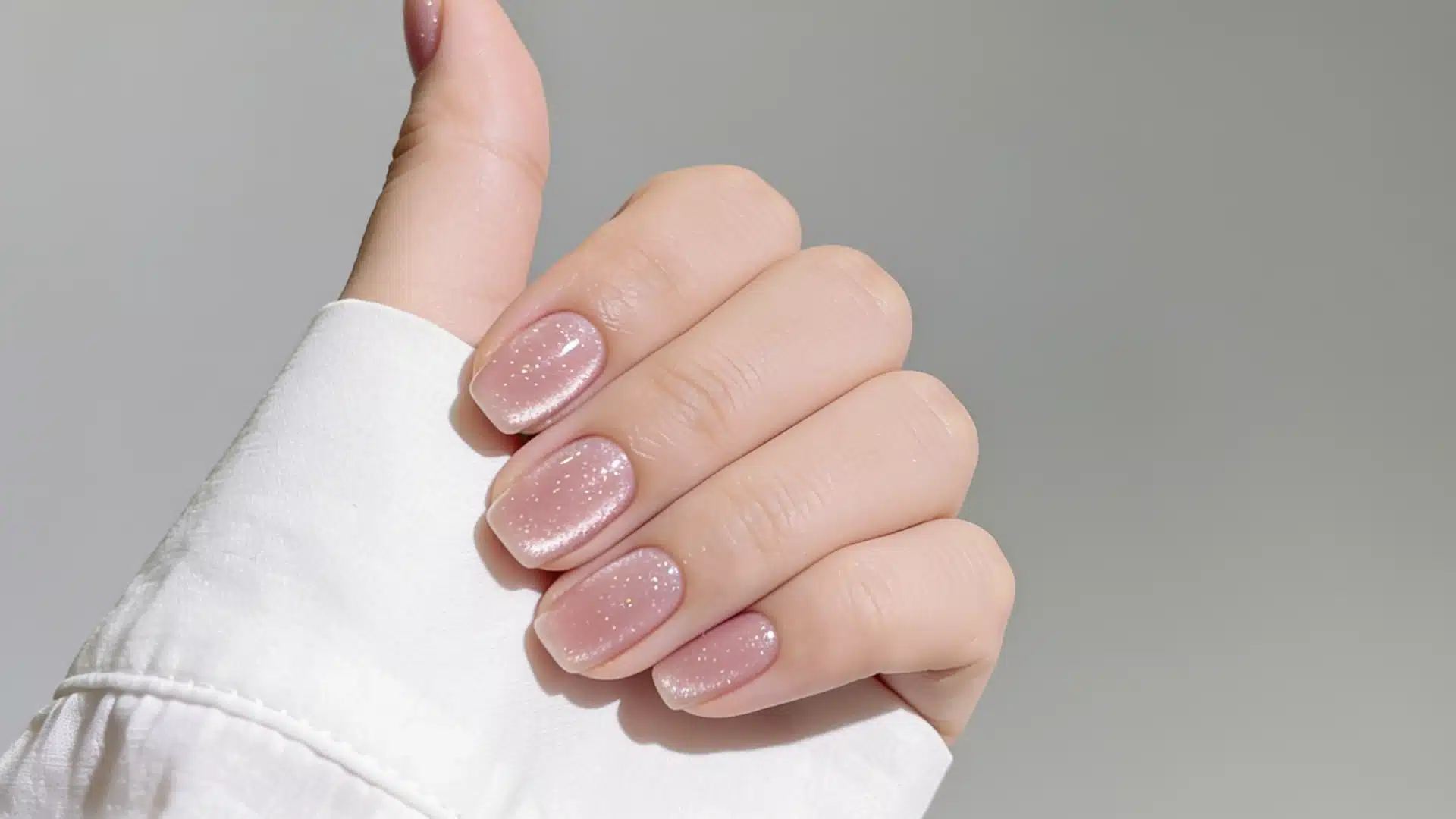 A hand with short, polished, rose-gold glitter gel nails rests against a textured white fabric.