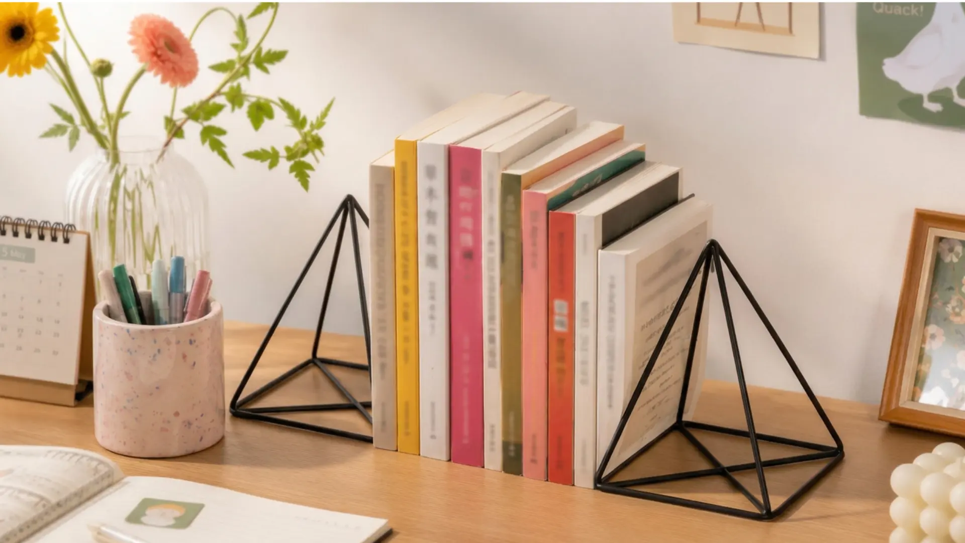 black pyramid geometric bookends holding colorful books on a wooden desk with a pen holder and flowers