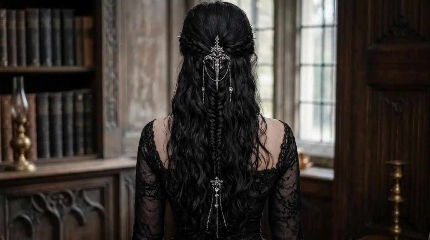 Back view of long black hair with a fishtail braid and layered chain hair accessory.