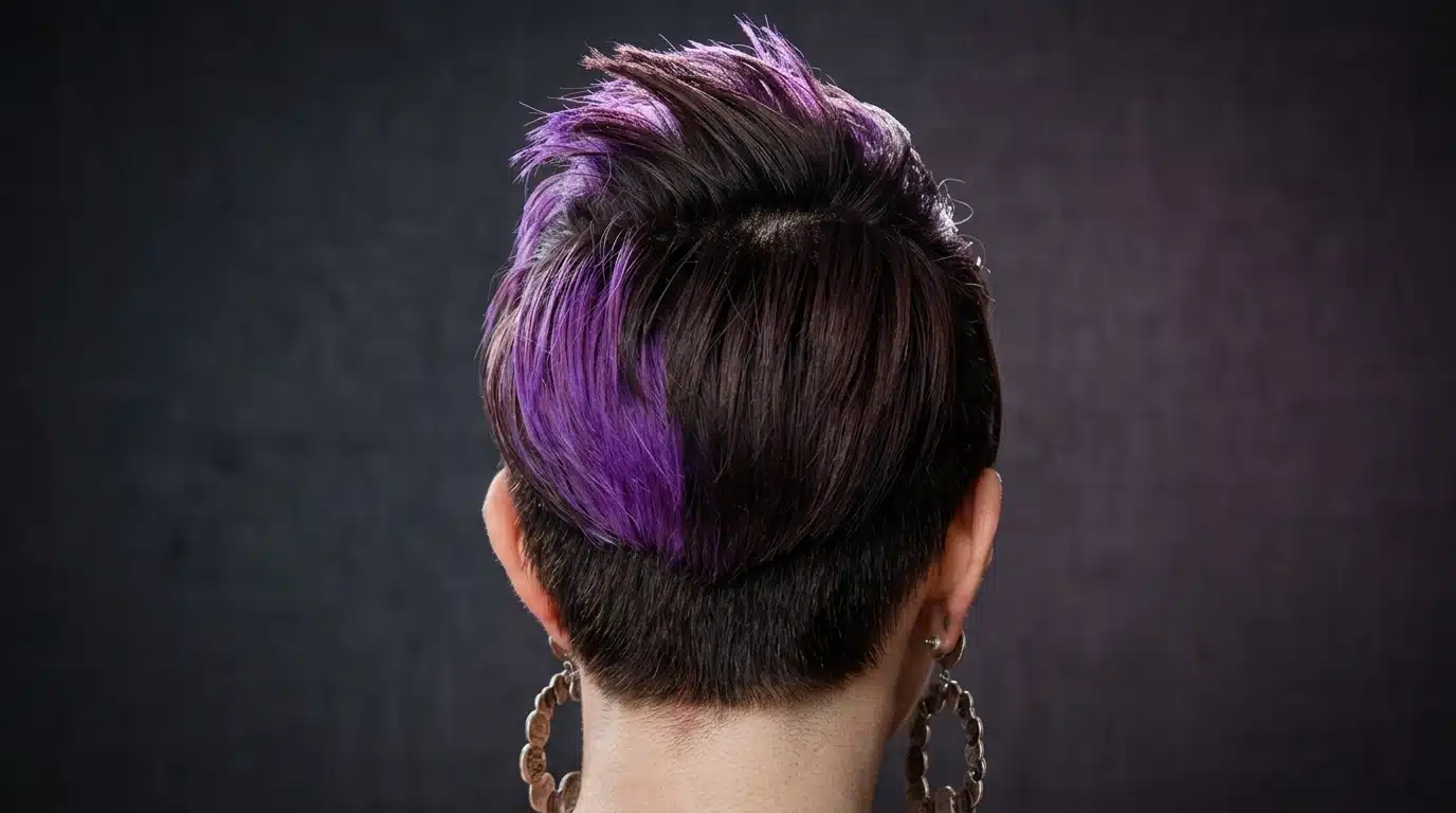 Back view of a short pixie cut with black and purple color contrast.