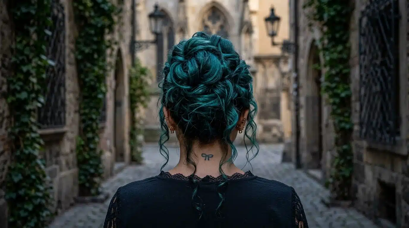 Back view of a curly teal updo with loose face-framing tendrils
