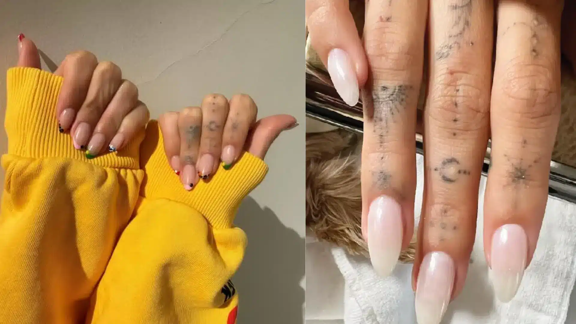 Hailey Bieber Coachella nails and long almond glazed donut nails in sheer milky white with finger tattoos visible on white towel