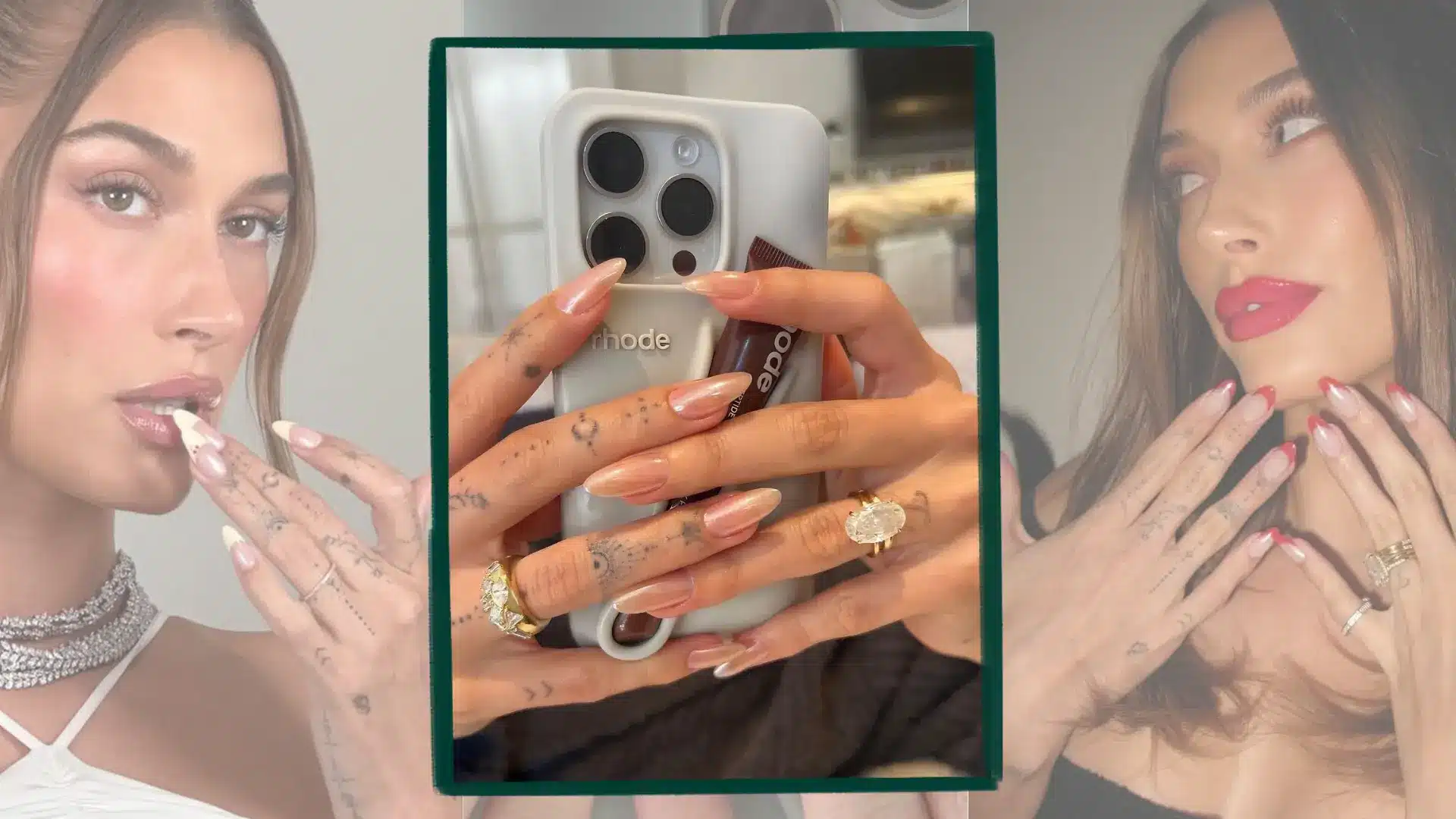 Hailey Bieber showing long almond nude nails with sheer gloss finish resting near her face