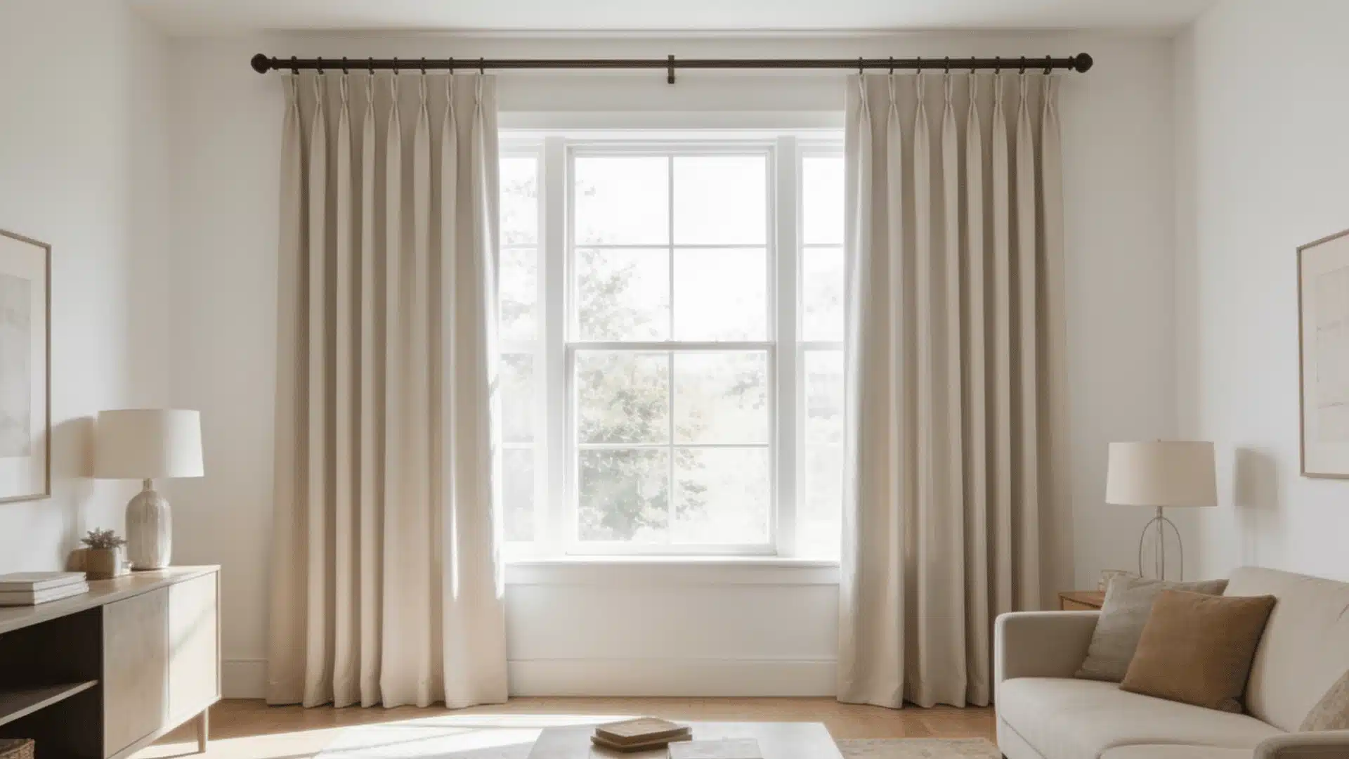 Living room window with correctly hung floor-length curtains, wide rod placement, and center support bracket