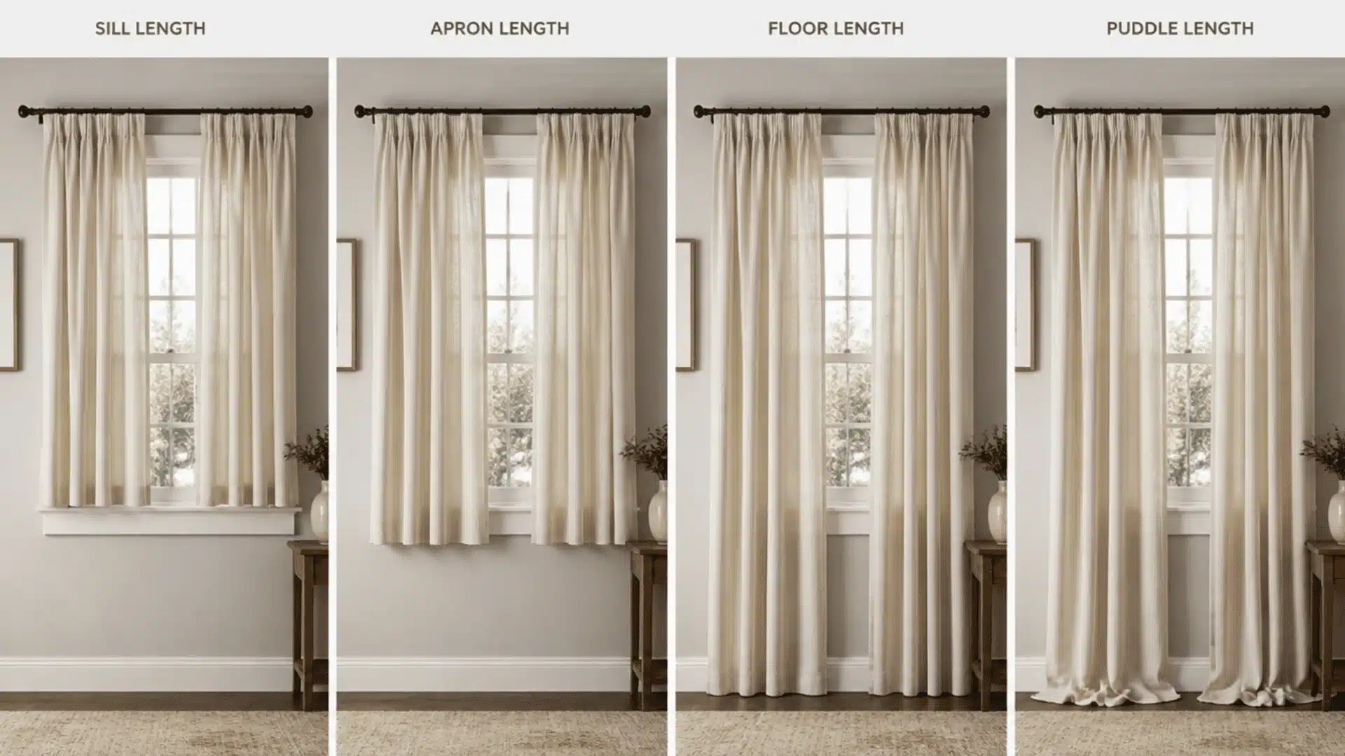 Comparison chart showing sill, apron, floor, and puddle curtain lengths on identical windows