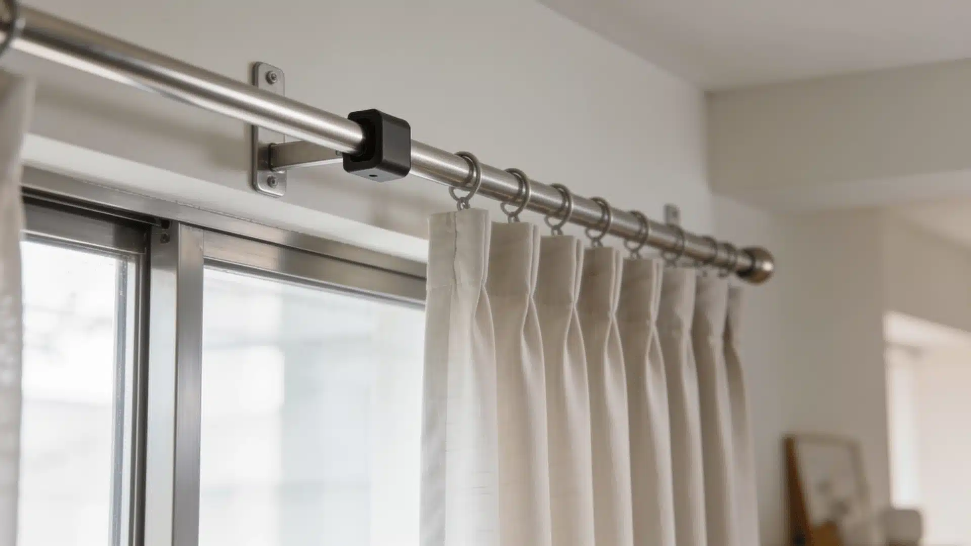 Close-up of curtain rod with center support bracket and pleated curtains hanging evenly above a window