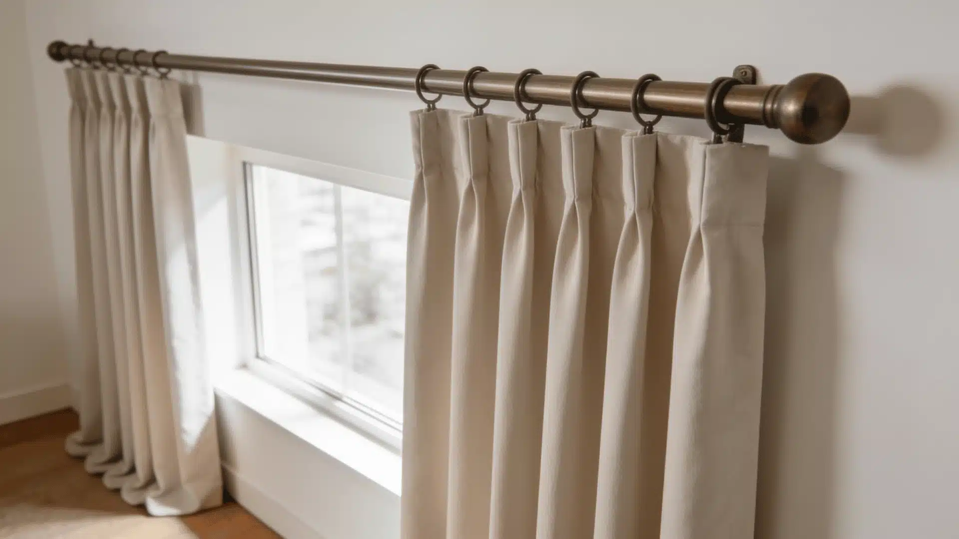 Curtain panels hung from decorative rings on an extended rod mounted wider than the window frame
