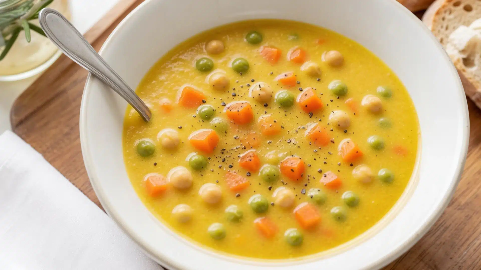 A bowl of soup filled with carrots, peas, and assorted vegetables, garnished with fresh herbs.