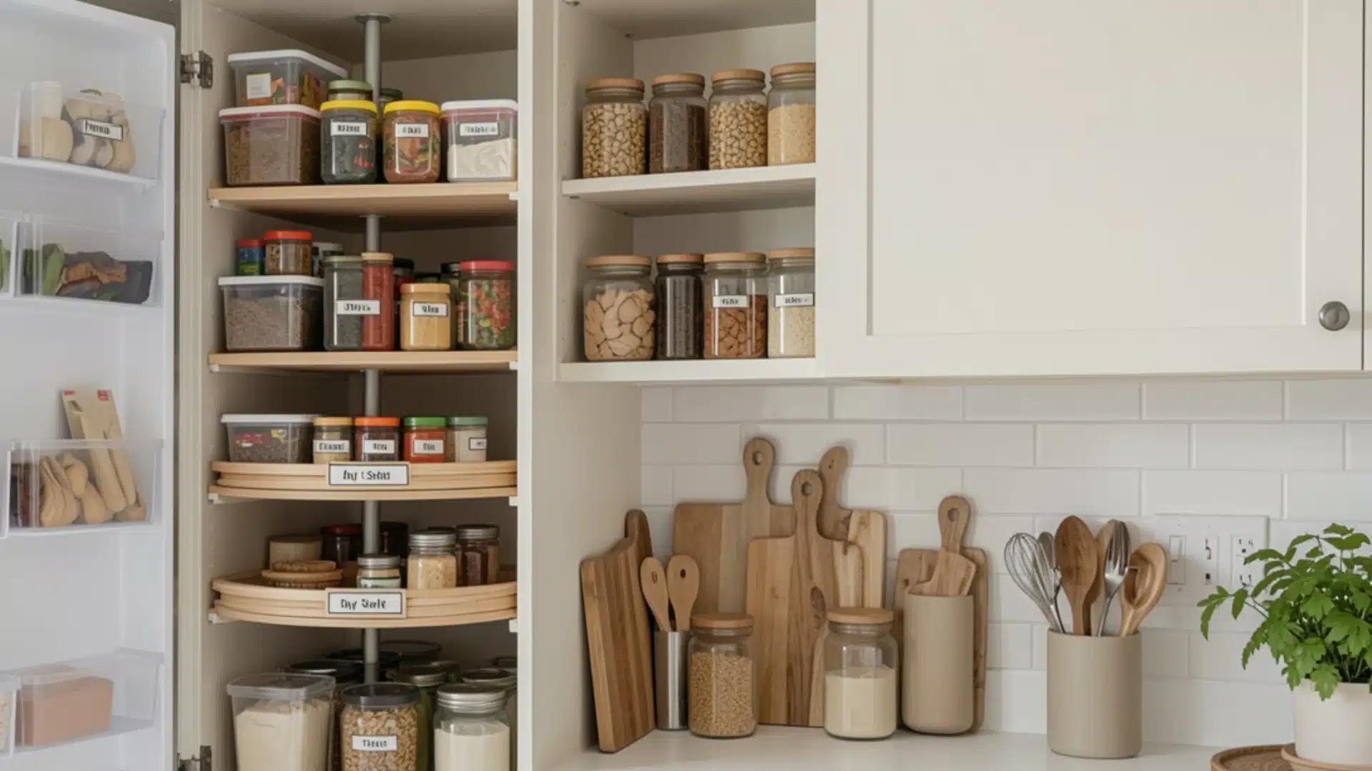 A well-organized kitchen showcasing a pantry and shelves filled with an assortment of spices in jars.