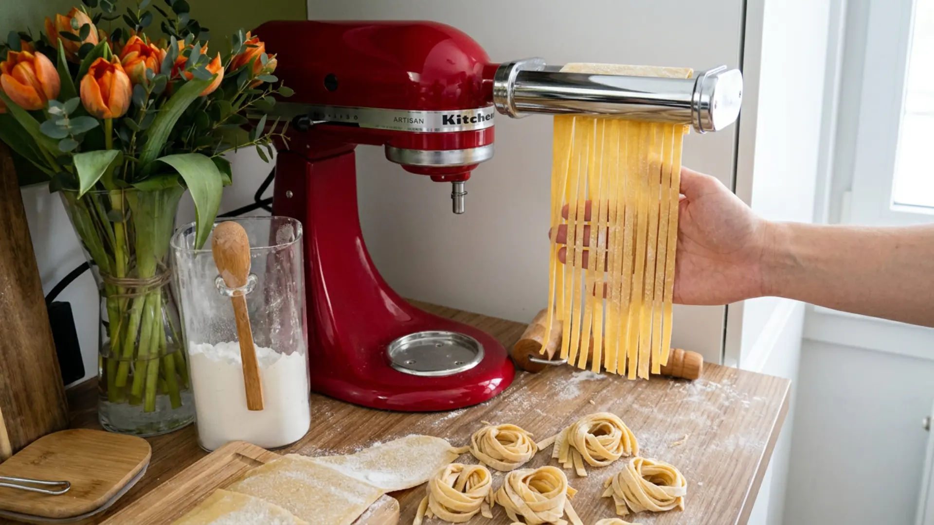 fresh homemade pasta recipe tagliatelle nests on a floured wooden board next to a red KitchenAid Artisan pasta machine