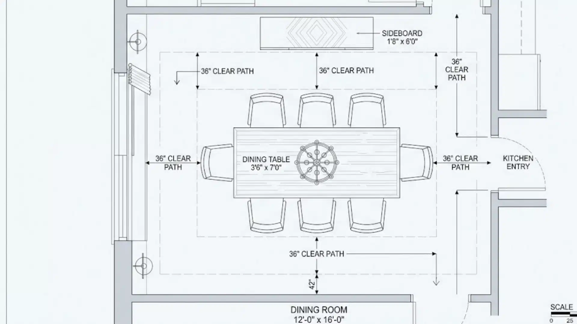 Top-down dining room floor plan showing table, chairs, clear 36 inch paths and kitchen entry labels