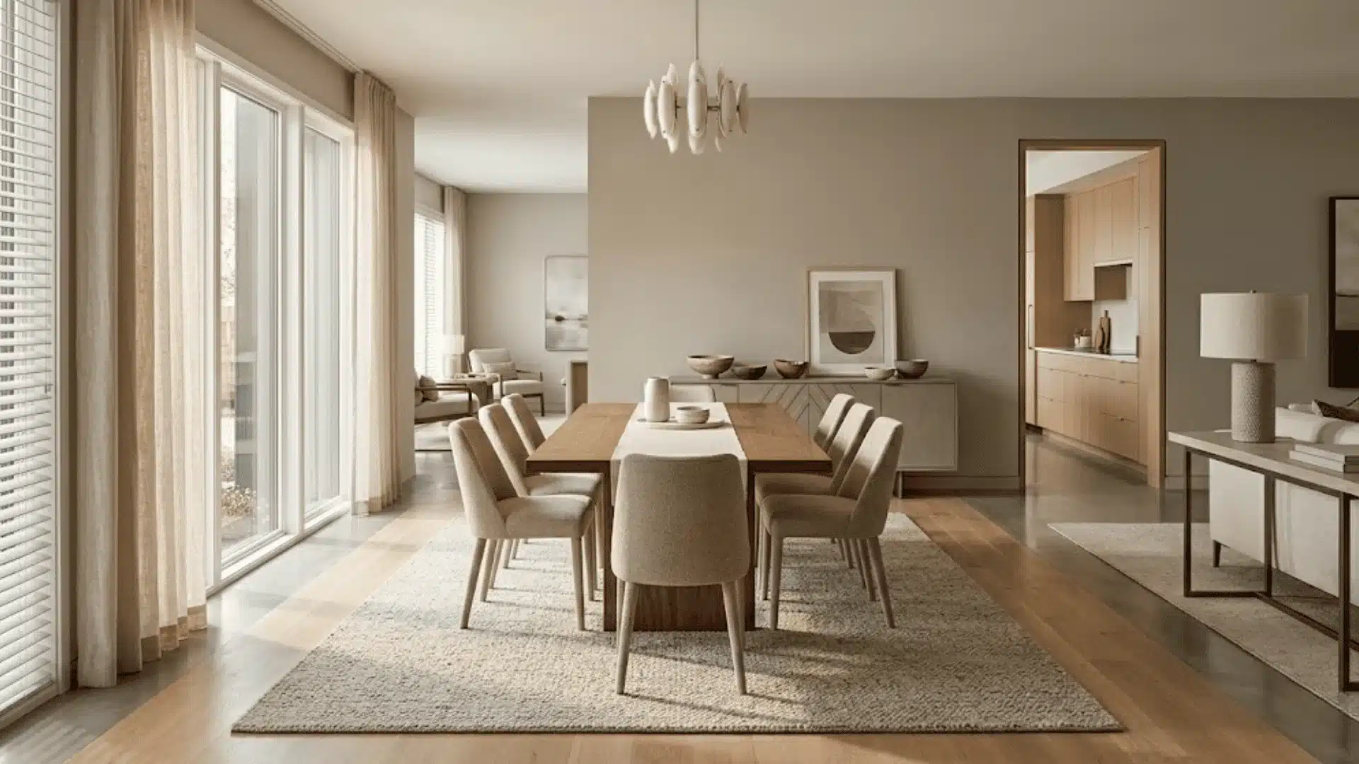Modern dining room with wooden table, beige chairs, rug, pendant light, open plan kitchen viewscene