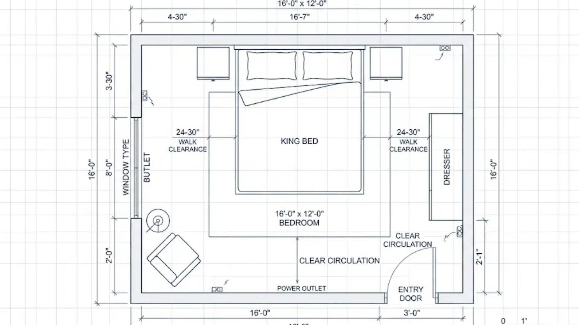 Top-down bedroom floor plan showing king bed centered, nightstands, dresser, walk clearances