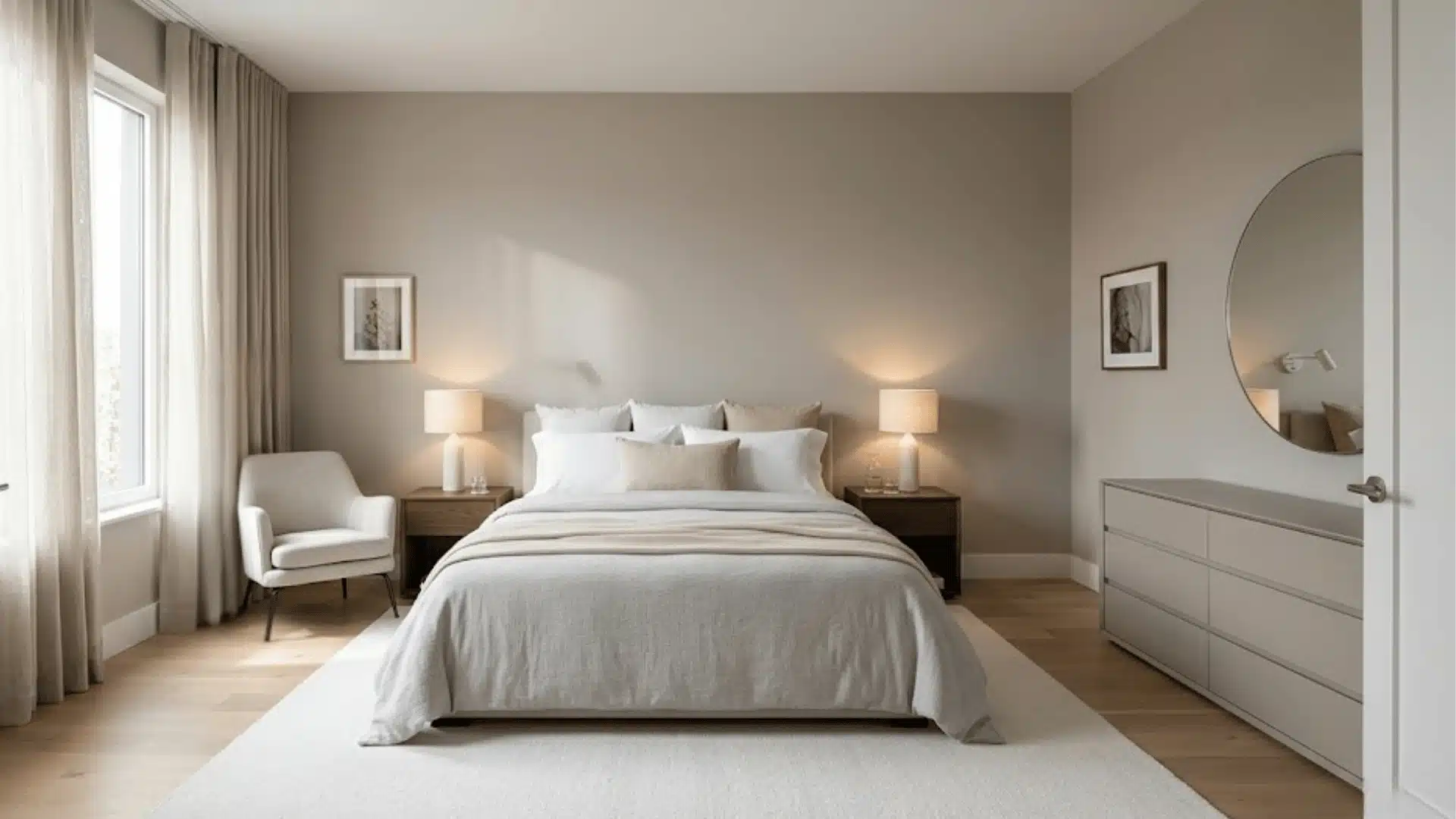 Modern beige bedroom with centered bed, two nightstands, lamps, accent chair and soft daylight room