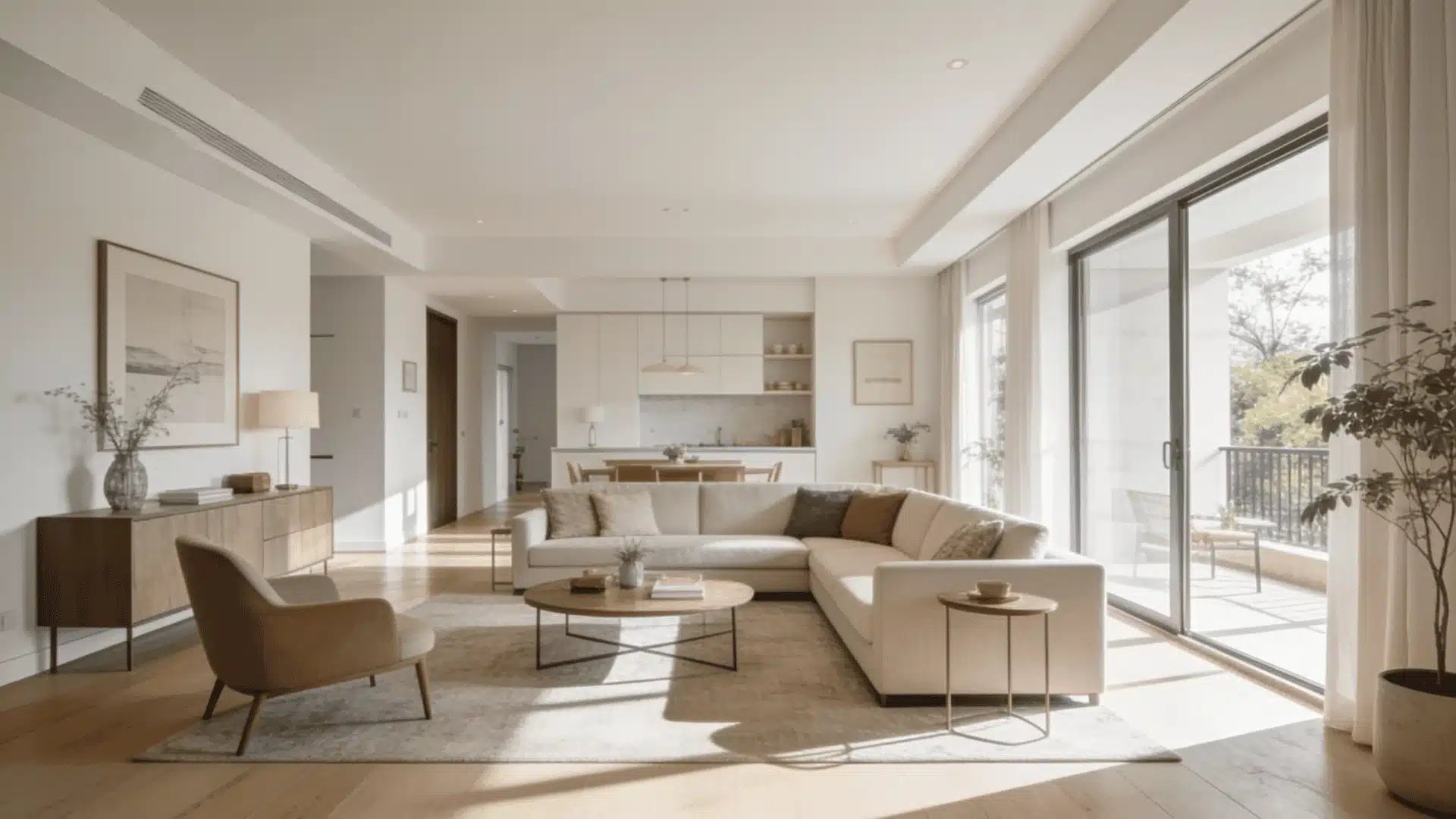 Bright open-plan living room with L-shaped sofa, coffee table, dining area and large windows interior