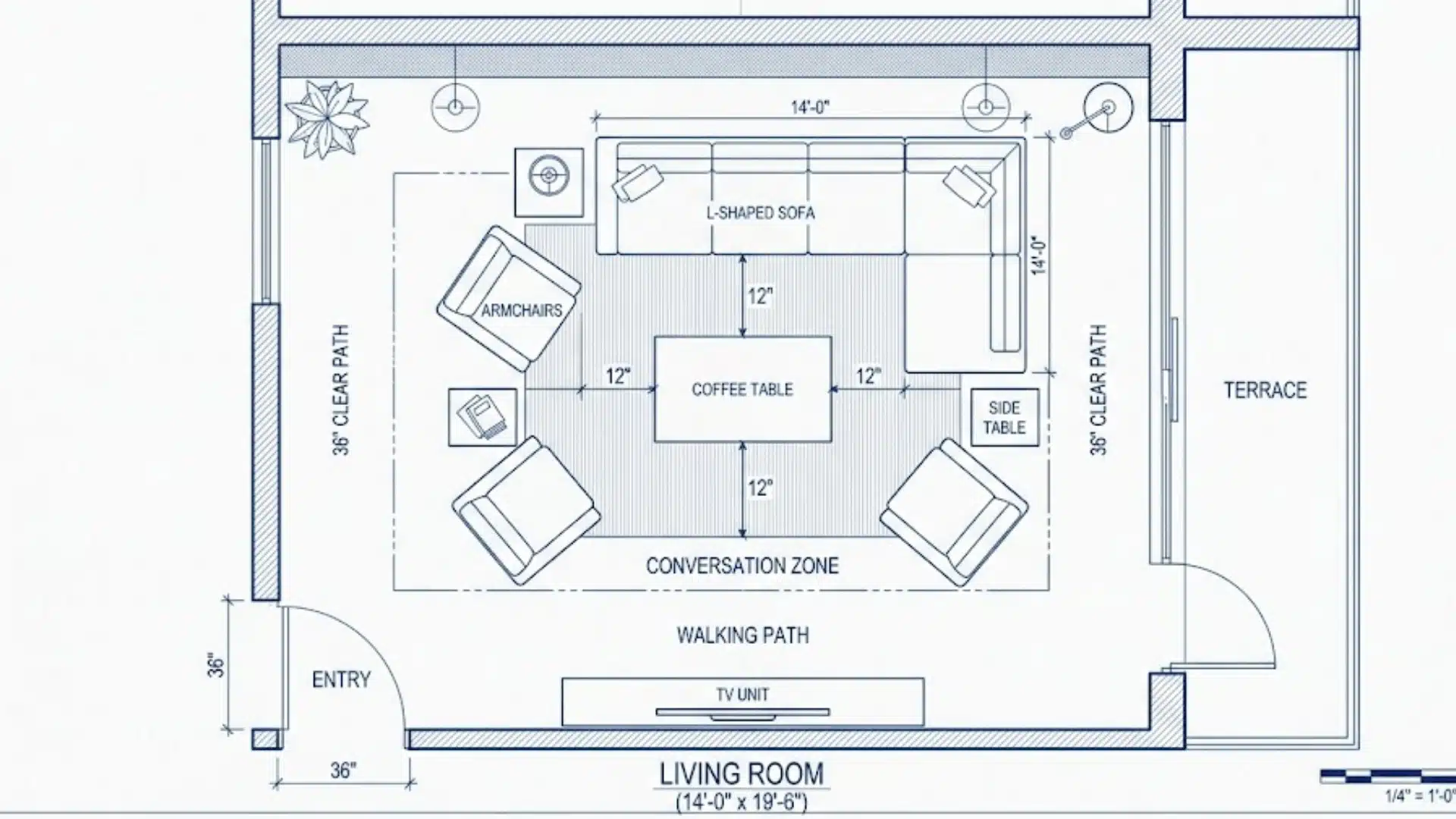 Top-down living room floor plan showing sofa, armchairs, coffee table, TV unit 36 inch paths layout