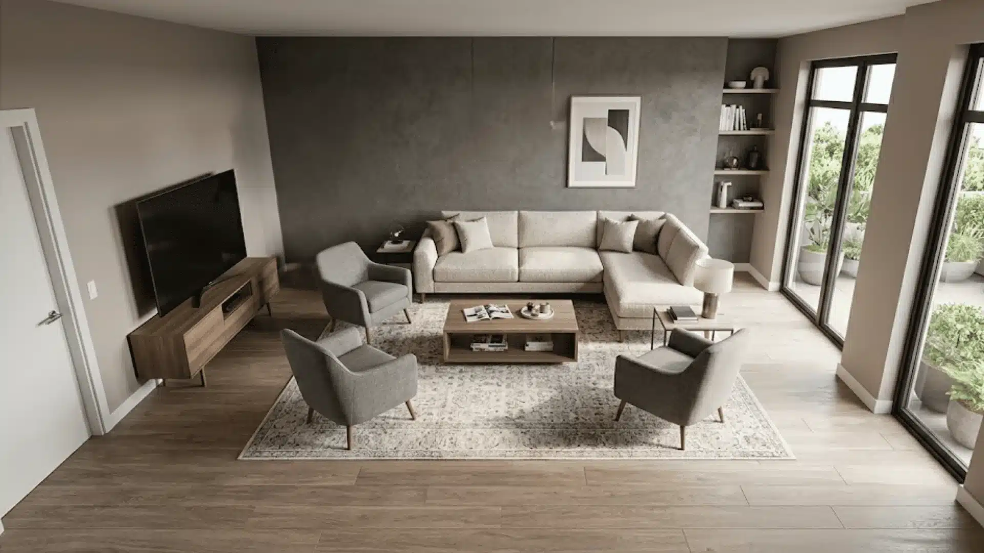 Modern living room with L-shaped sofa, armchairs, coffee table, rug, TV unit and clear layout flow