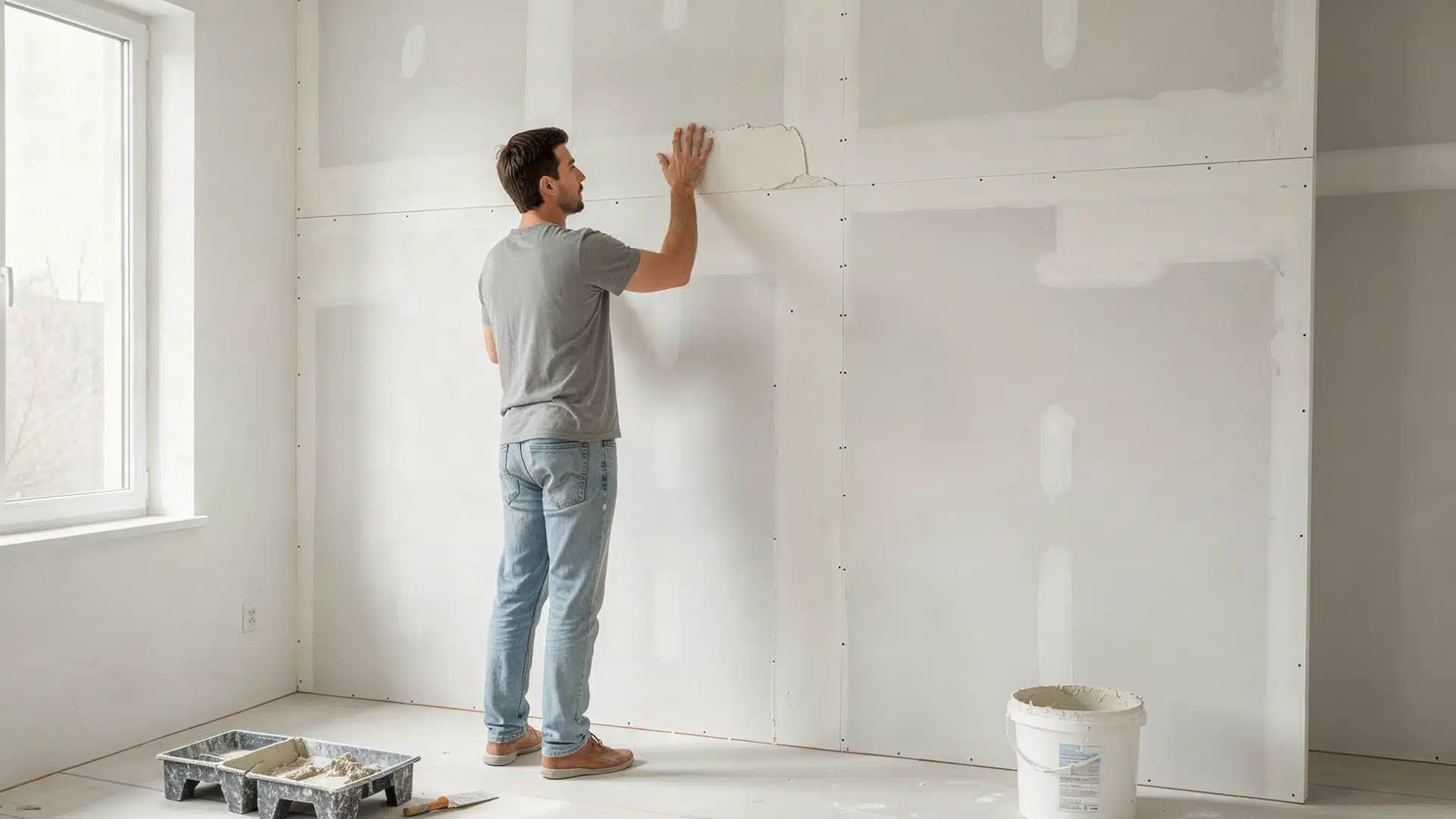 Man applying joint compound to drywall seams in an unfinished room