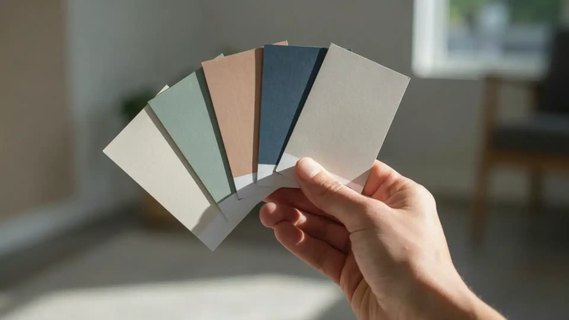 Hand holding neutral paint color swatches in a sunlit room, comparing interior paint samples for home decorating decisions.