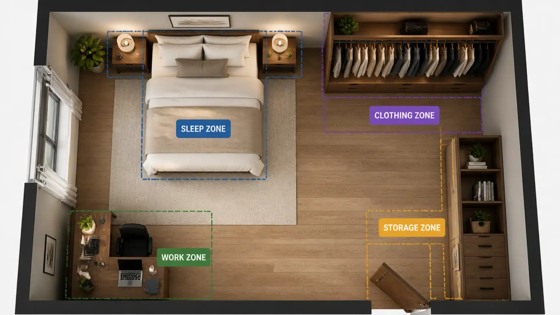 Top-down view of bedroom divided into sleep, work, clothing, and storage zones