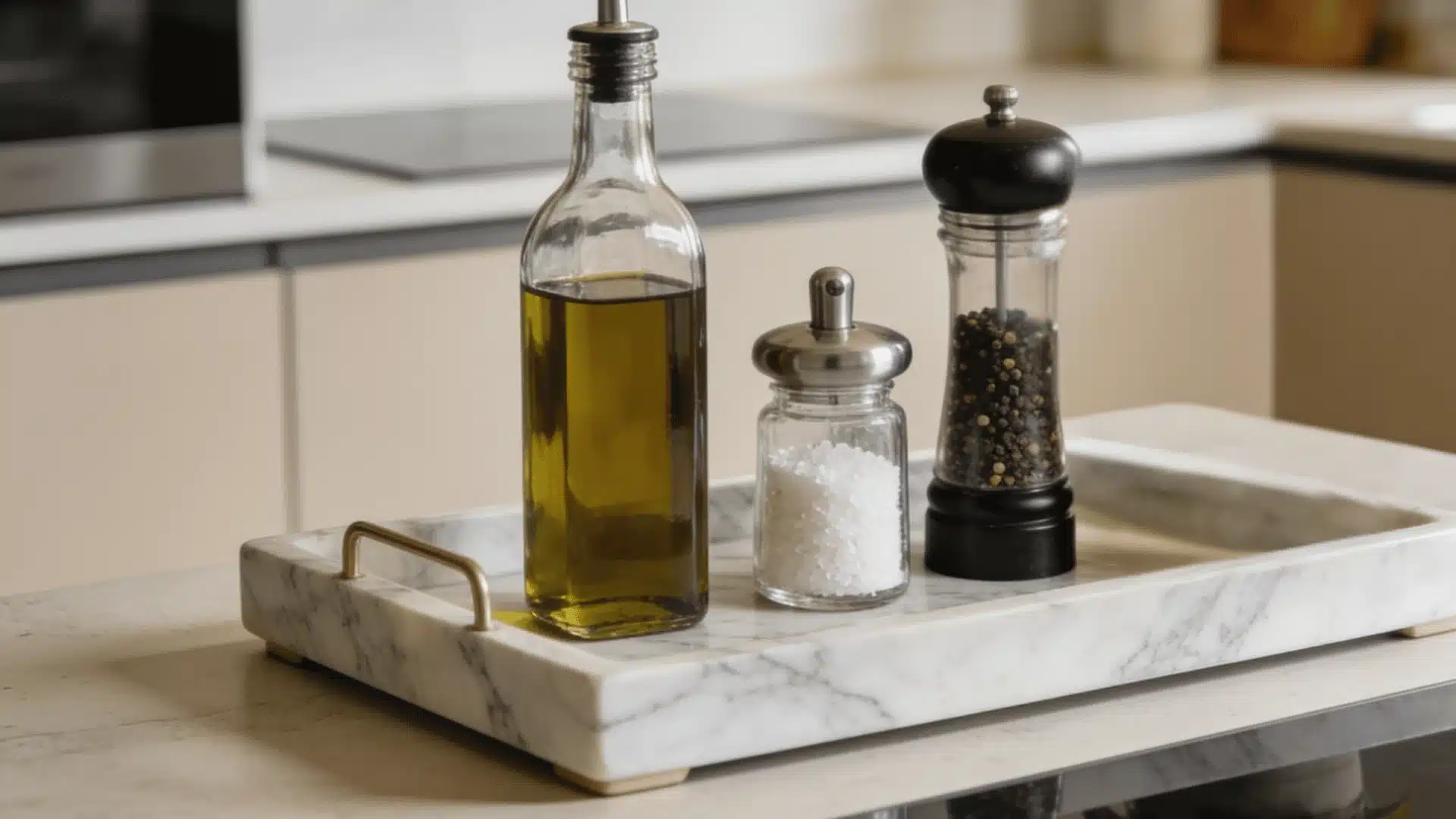 Marble tray holding olive oil, salt jar, and pepper grinder on a neatly styled kitchen counter
