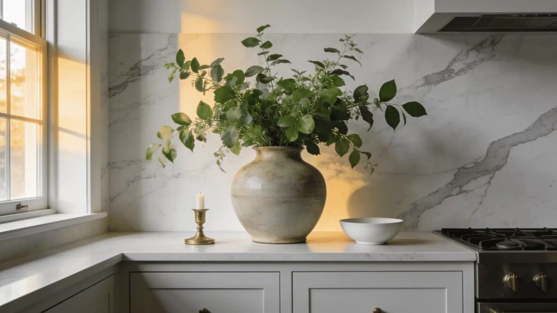 Minimalist kitchen counter with a large ceramic vase, greenery, and clean open workspace