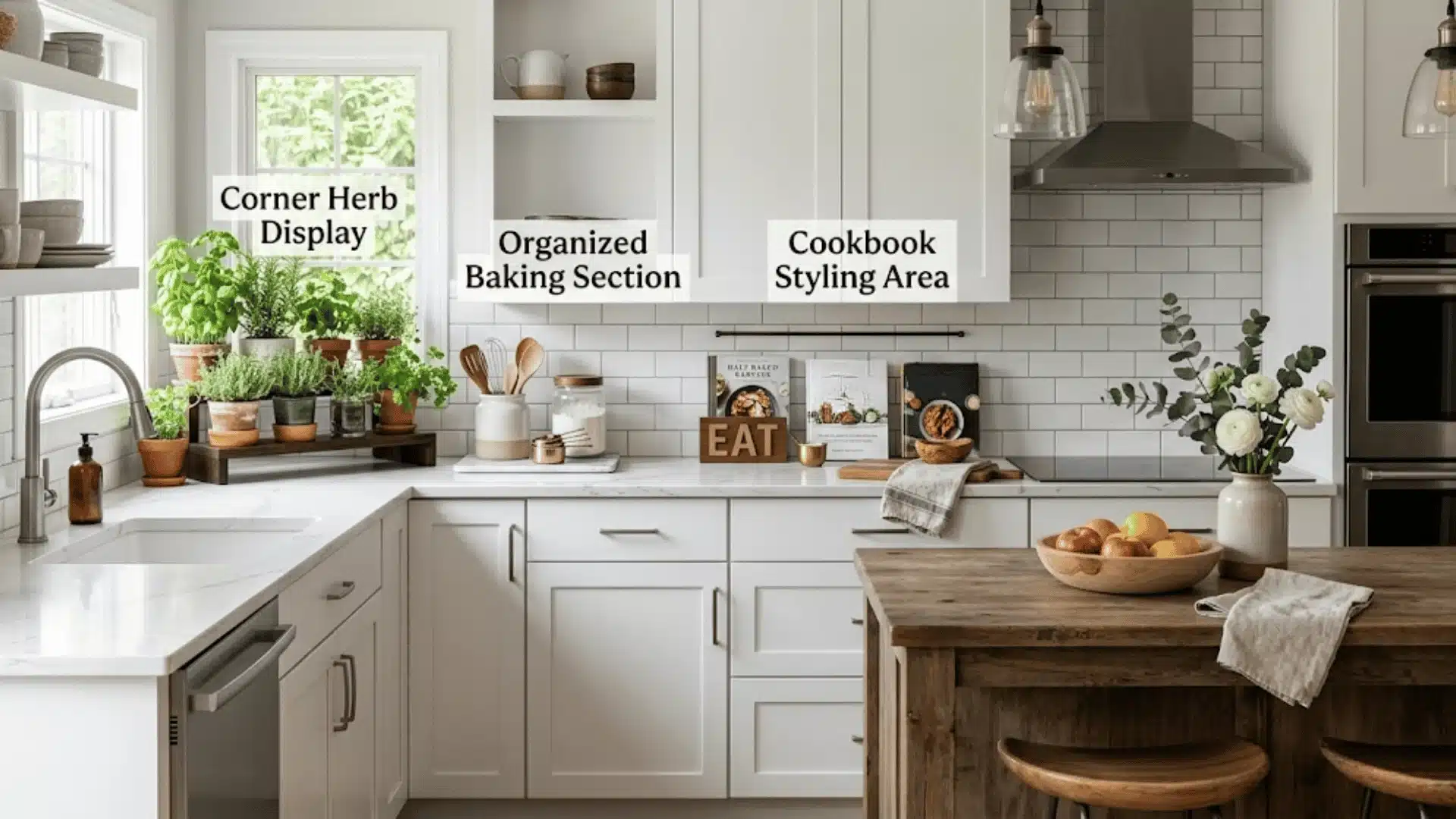 Organized kitchen counters with herb display, cookbook styling area, baking station, and island decor