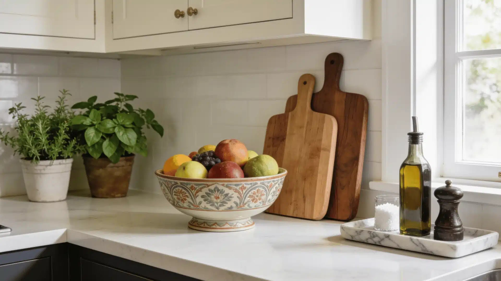 Decorated kitchen counter with fruit bowl, herb plants, cutting boards, and olive oil tray