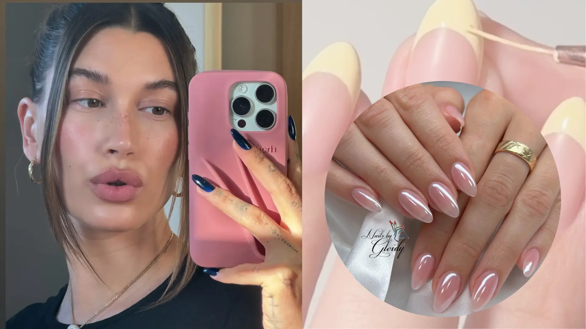 Hailey Bieber holding a pink phone case showing her dark navy glossy almond nails in a mirror selfie