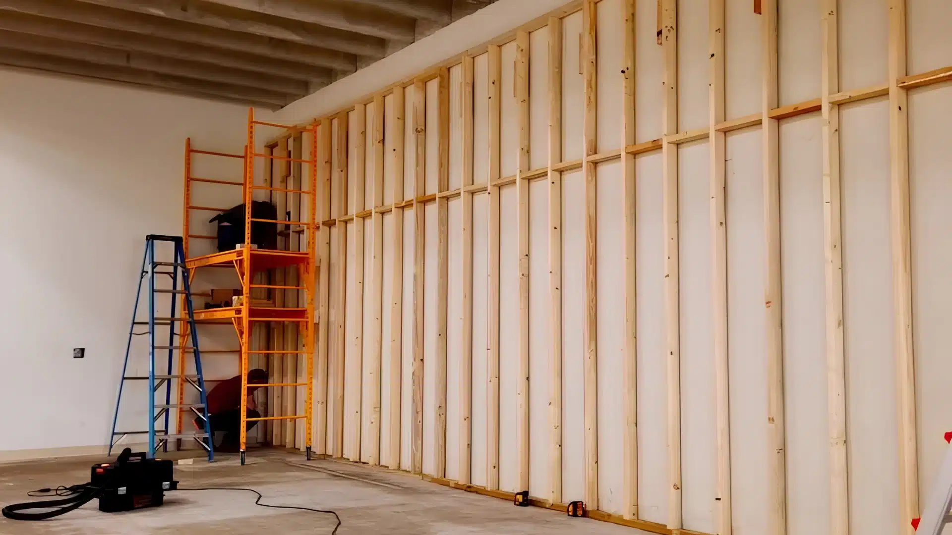 A room featuring framed walls with scaffolding, ladders, and a vacuum cleaner on the concrete floor