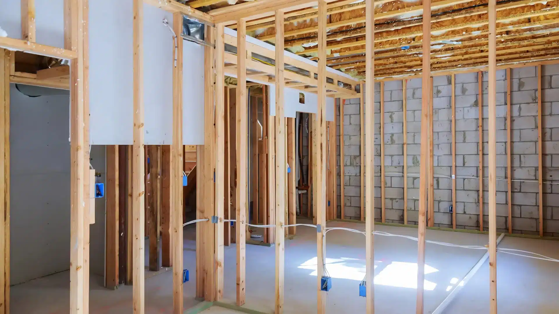 Interior of a house under construction with exposed wood framing, electrical wiring, and concrete block walls