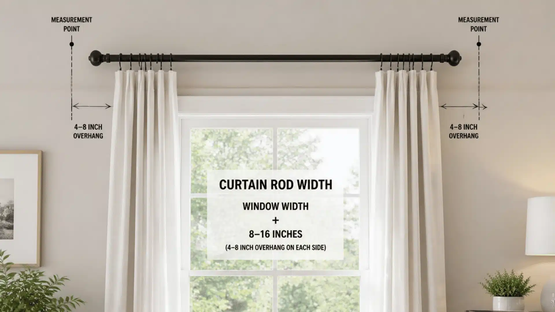 Diagram showing measurements for a window curtain, including width, length, and recommended installation height