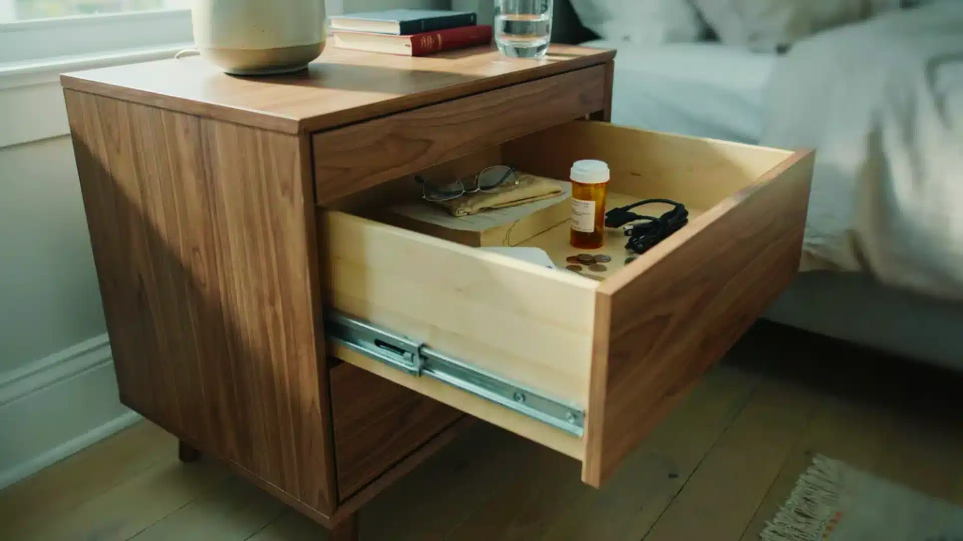 Open wooden drawer showing metal drawer slides, on a bedroom nightstand beside a bed