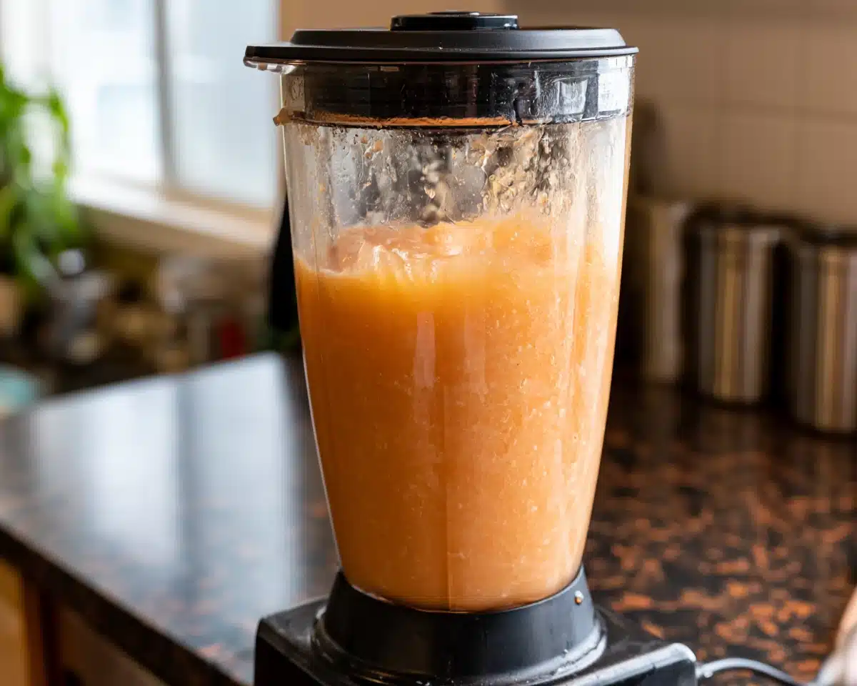 Blending fresh peaches into a creamy peach smoothie in a kitchen blender.