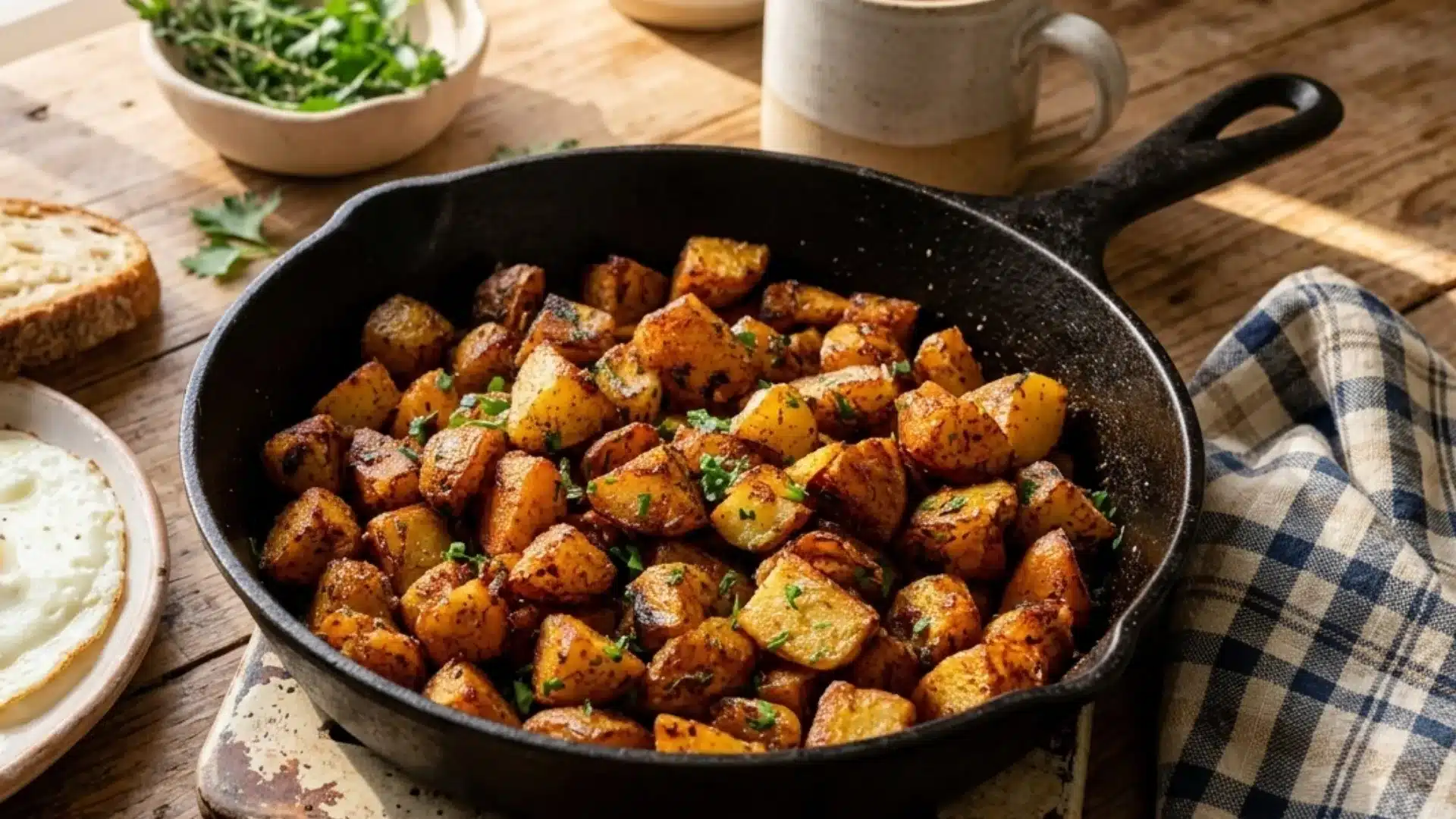 A cast iron skillet filled with golden brown, herb-seasoned breakfast potatoes sits on a wooden table next to a slice of toast and a fried egg.