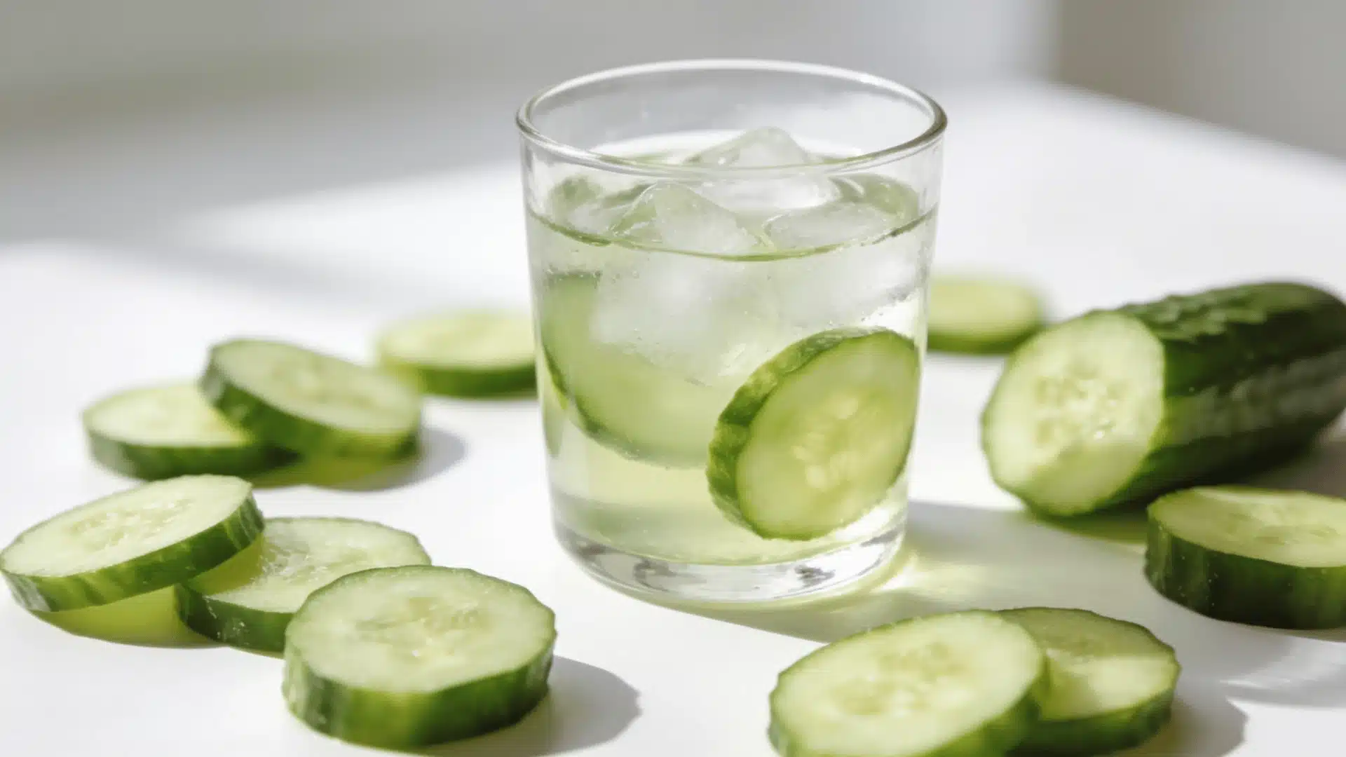 Simple low-calorie cucumber juice with ice and fresh cucumber slices on a clean white surface