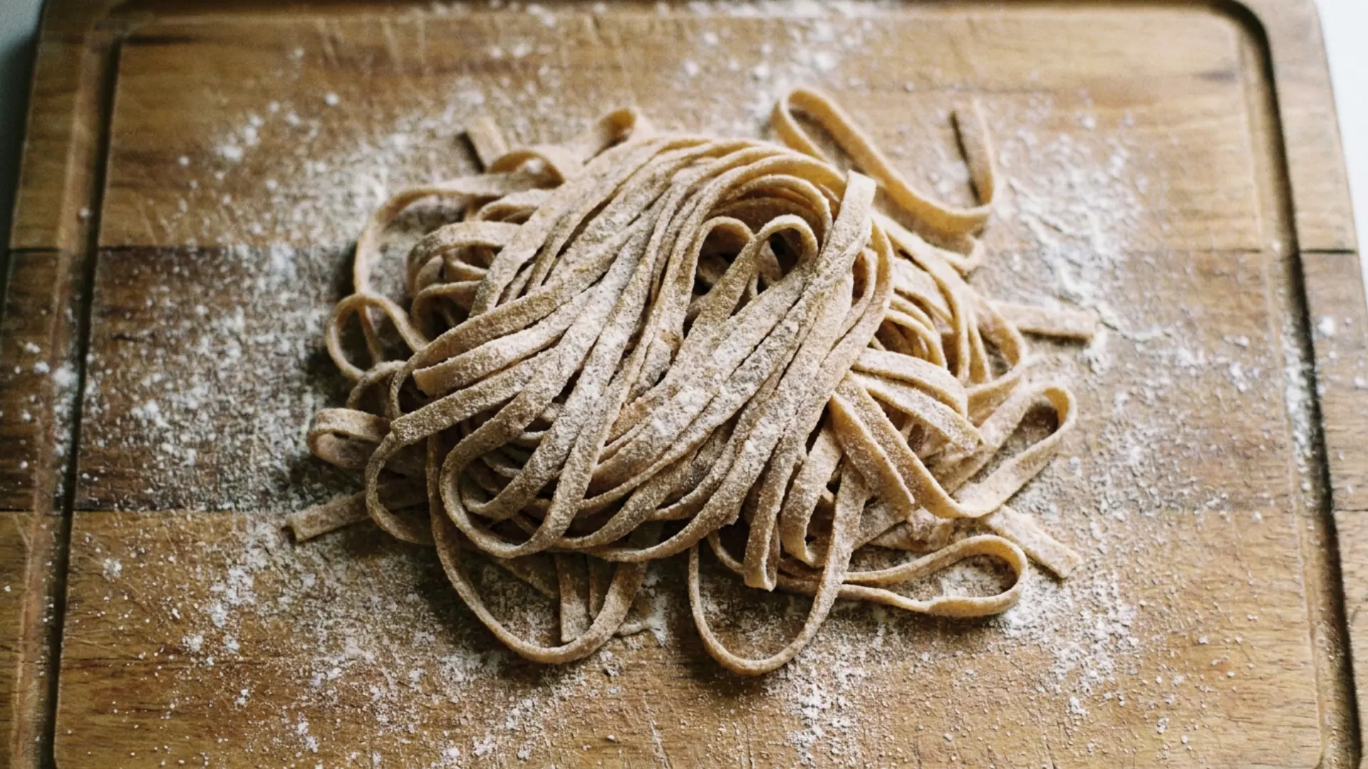 fresh gluten free pasta noodles dusted with flour resting on a wooden surface after cutting