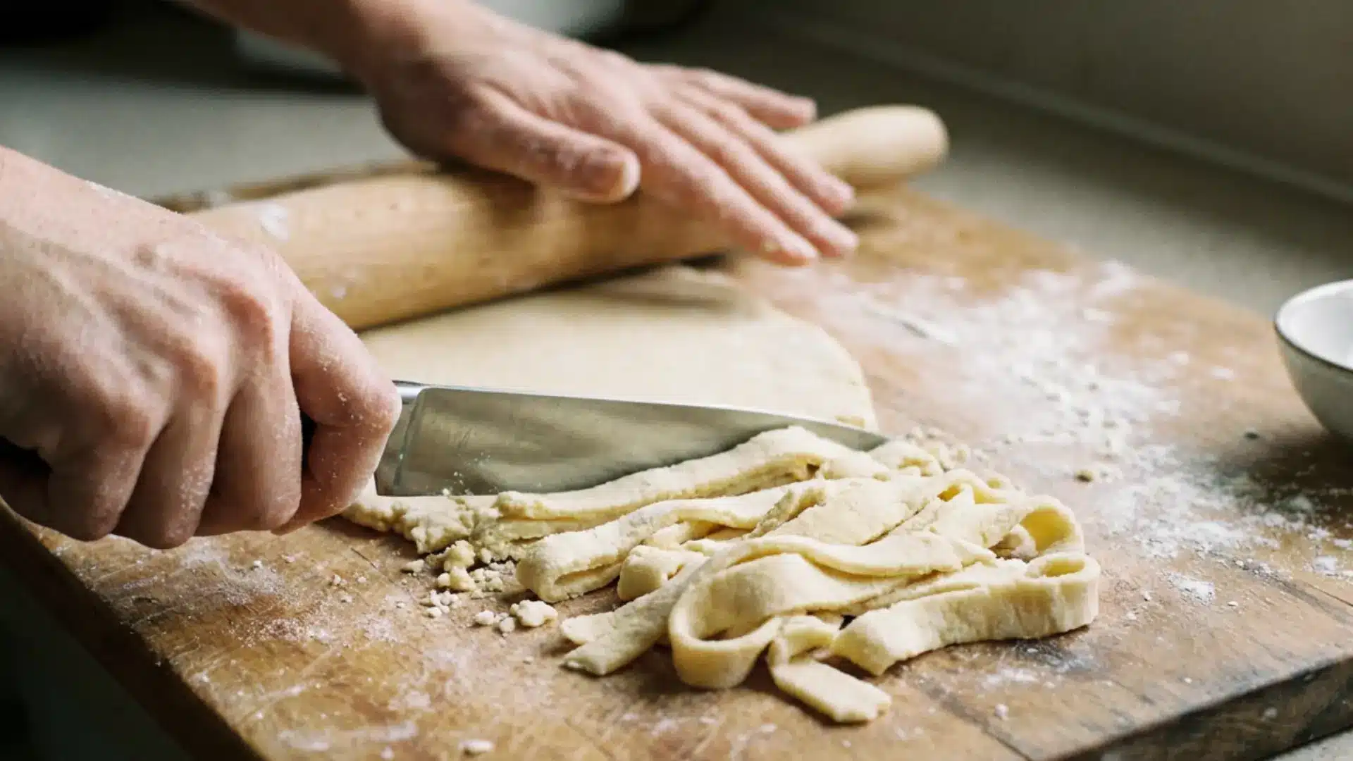 hands cutting fresh gluten free pasta dough into tagliatelle noodles with a knife on a wooden board