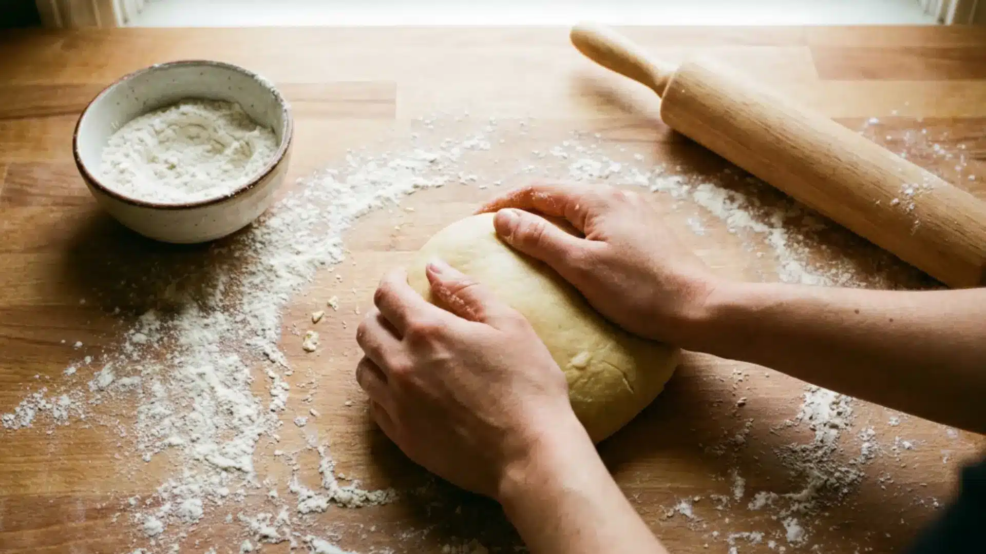 hands kneading gluten free pasta dough on a floured wooden surface with a rolling pin nearby