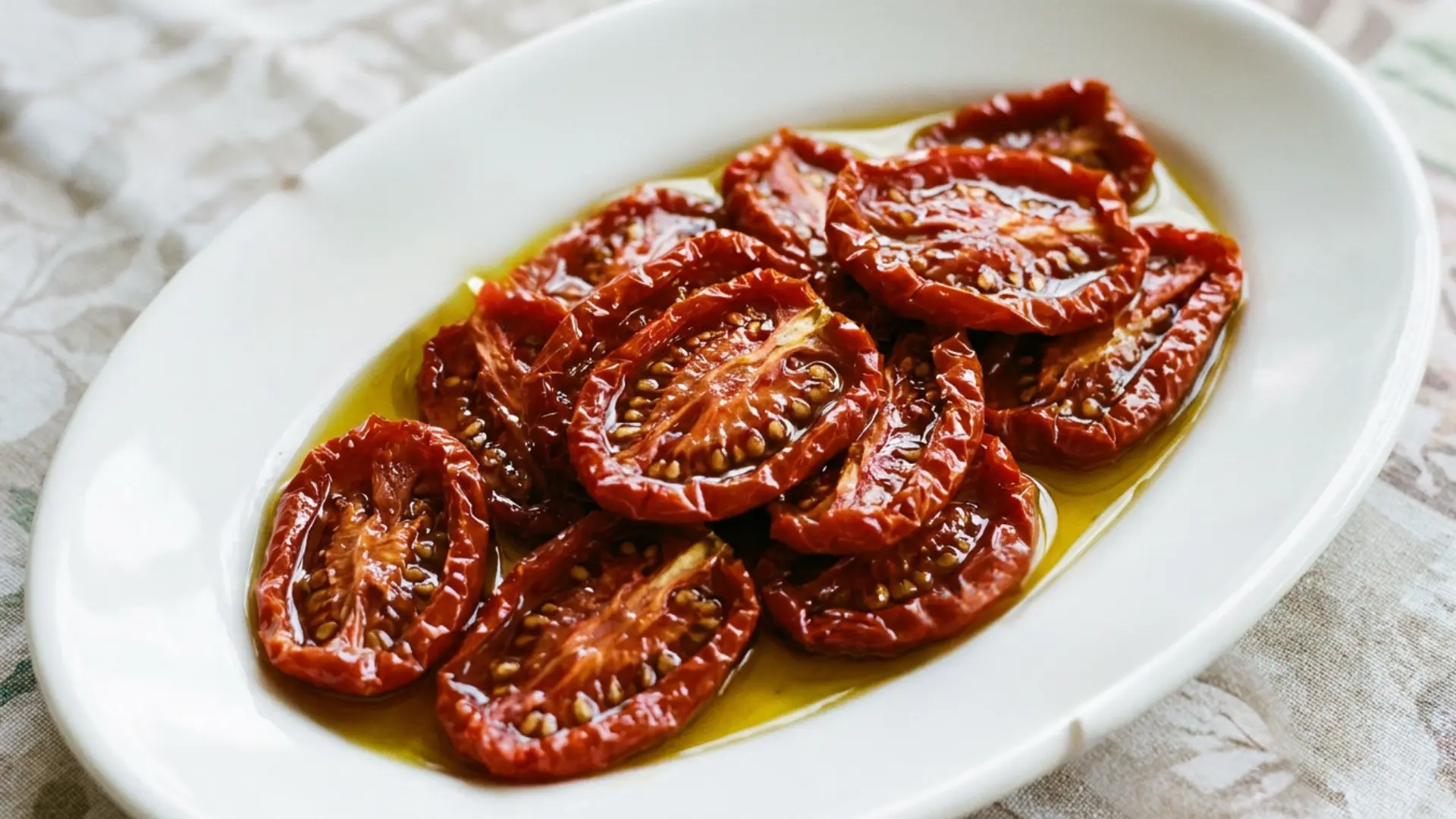 homemade sun dried tomatoes in olive oil served on a white plate