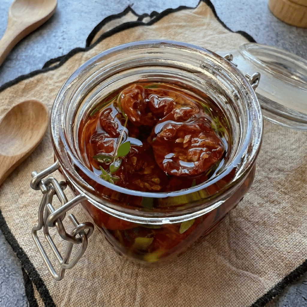 sun dried tomatoes preserved in olive oil with fresh herbs in a glass jar