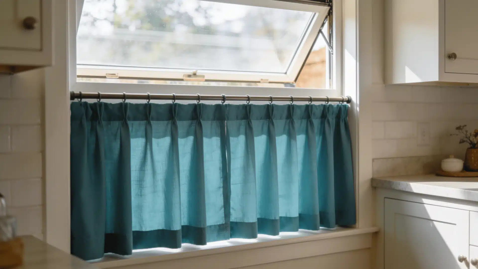Teal cafe curtains on a sunny kitchen window with a simple rod and soft folds
