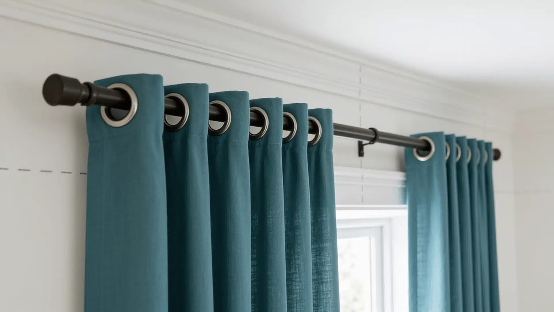 Teal grommet curtains on a high curtain rod above a bright modern window
