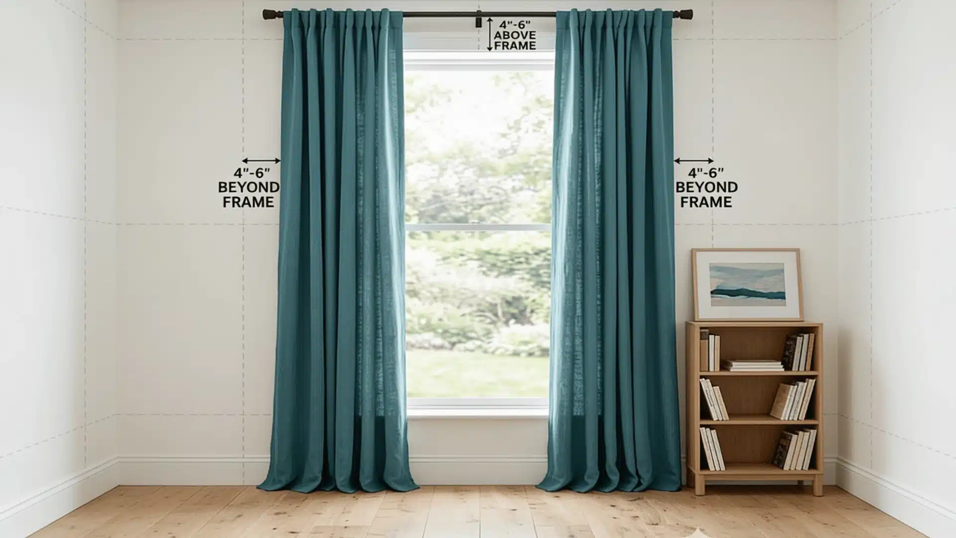 Teal curtains with guide marks showing rod height and extension beyond the frame